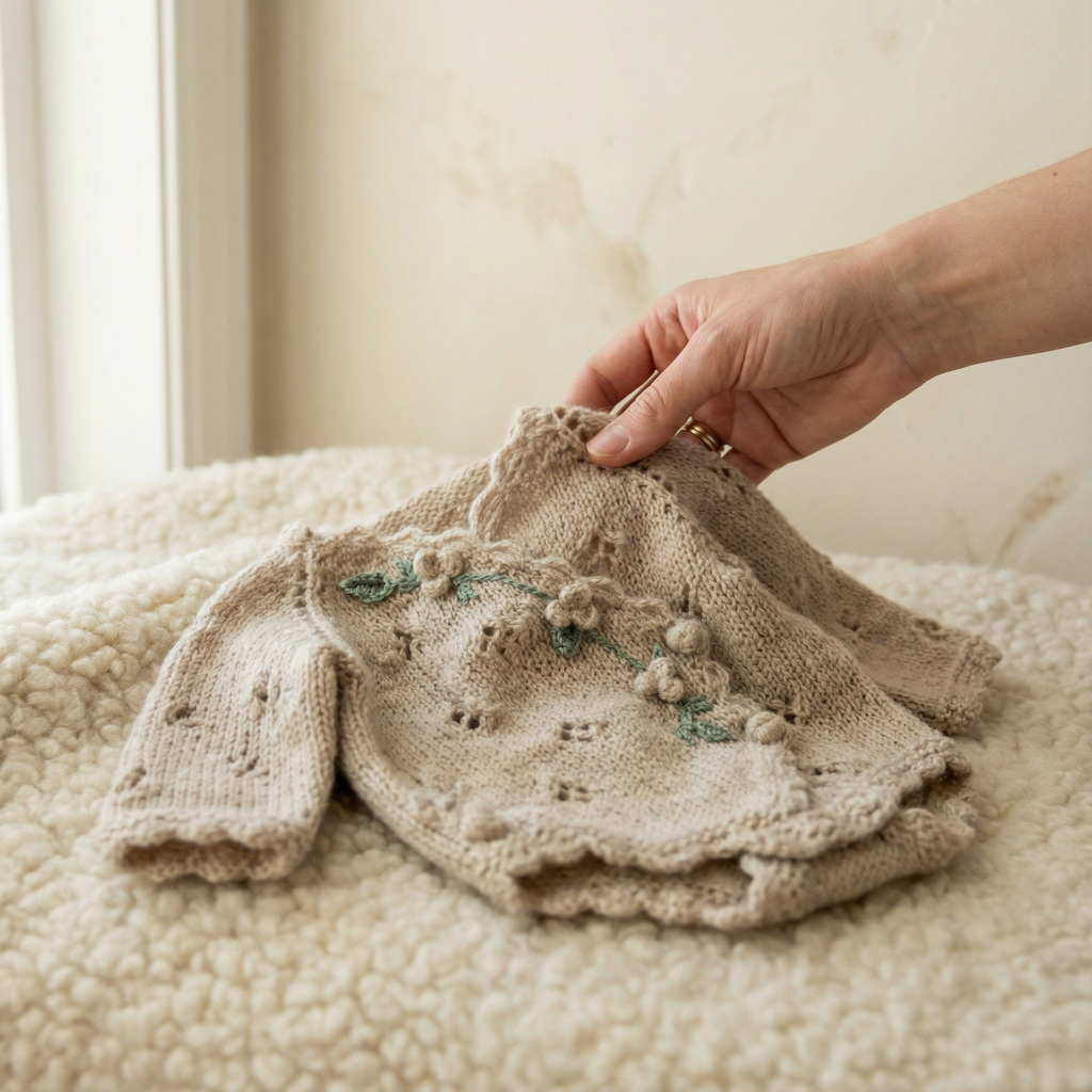 Close-up of floral hand embroidery and scalloped edges on a beige newborn knit romper, showcasing premium knit newborn clothes