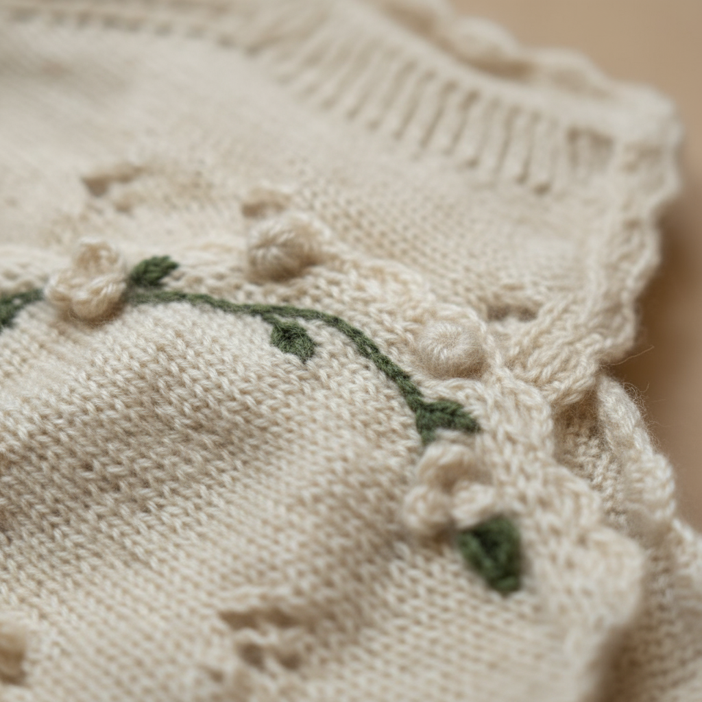 Close-up of luxurious handmade knit newborn clothes, featuring delicate floral embroidery on a soft cotton fabric – the perfect newborn gift.