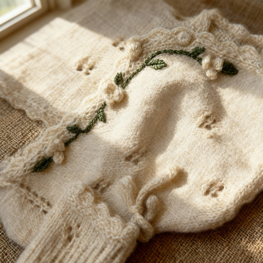 Close-up of handmade knit newborn clothes with delicate floral embroidery, made from soft, premium cotton – a perfect newborn gift