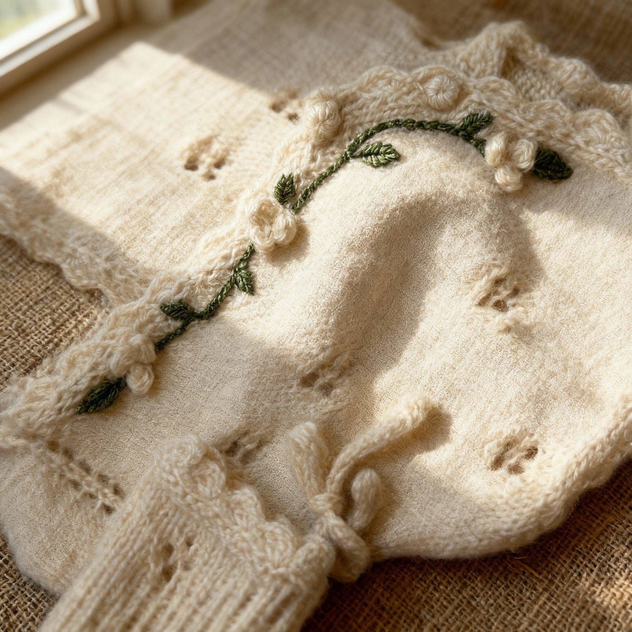 Close-up of handmade knit newborn clothes with delicate floral embroidery, made from soft, premium cotton – a perfect newborn gift