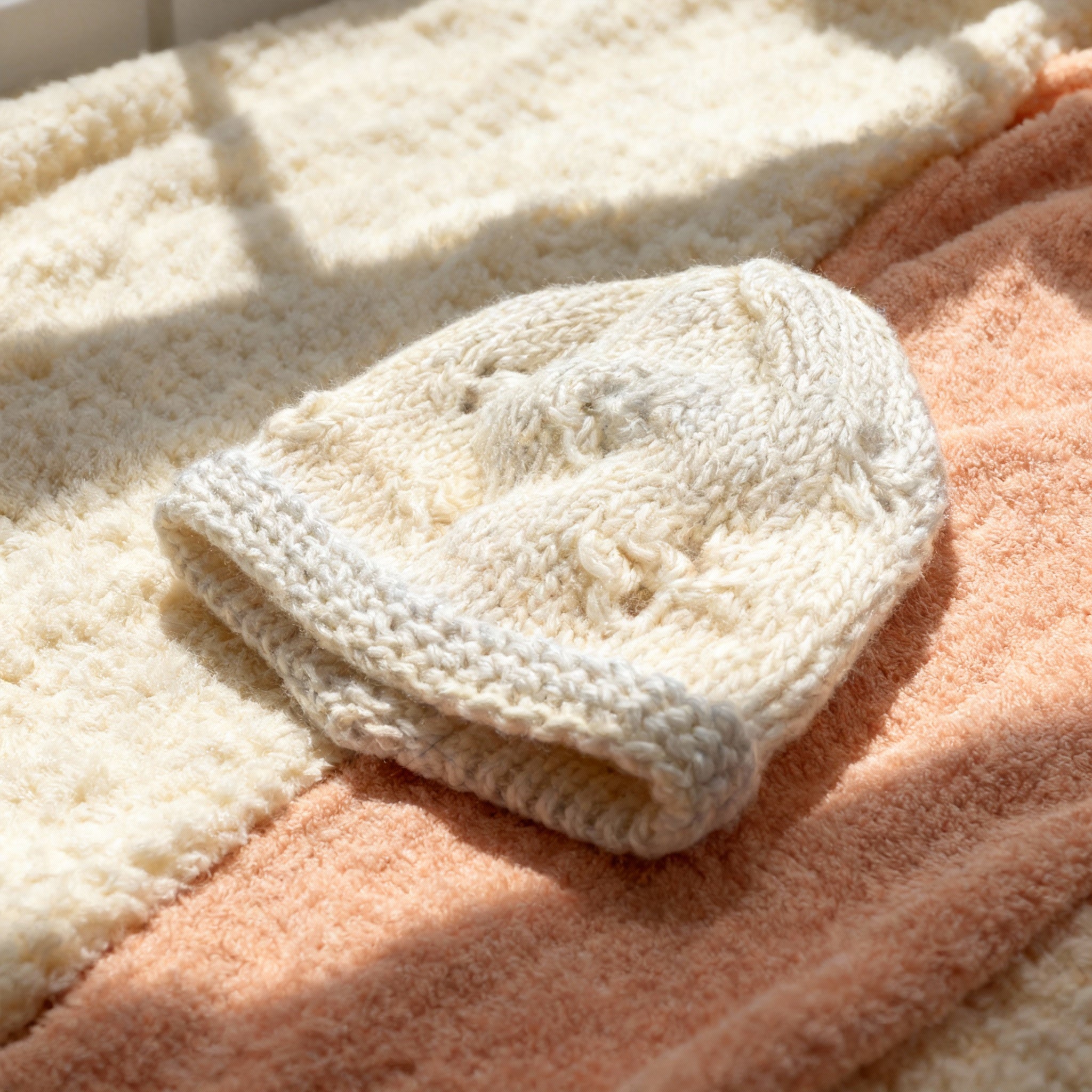 Handmade knit newborn beanie made from premium Egyptian cotton – the perfect new born baby gift.