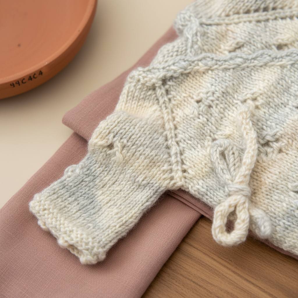 Close-up of cozy knit newborn clothes, handmade with premium Egyptian cotton – the ideal new born baby gift.