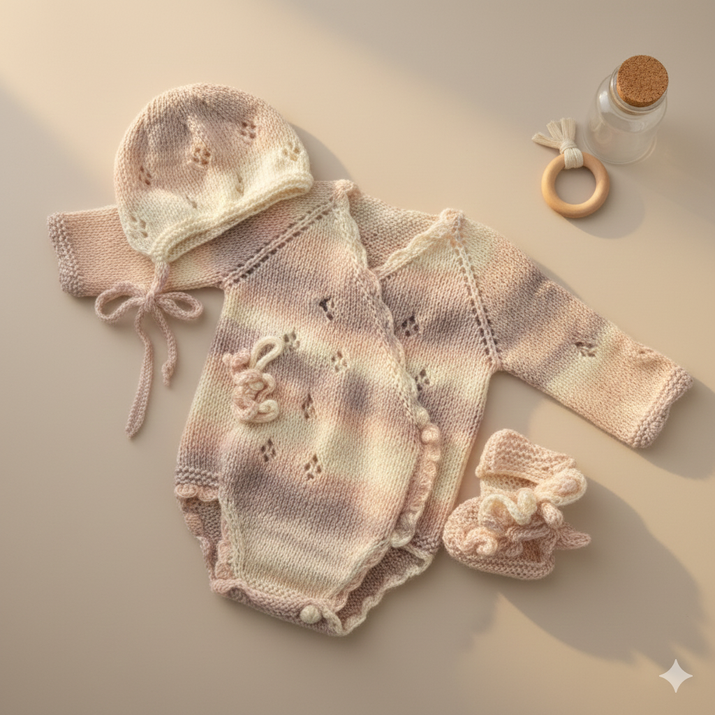 Luxurious handmade knit newborn clothes set made from premium Egyptian cotton – perfect for a baby shower gift. The set includes a beanie, romper, and booties.