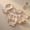 Luxurious handmade knit newborn clothes set made from premium Egyptian cotton – perfect for a baby shower gift. The set includes a beanie, romper, and booties.