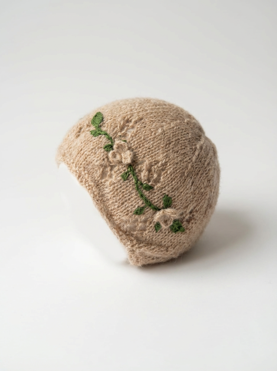 Luxurious handmade knit newborn bonnet, crafted from premium cotton with delicate floral embroidery – the perfect baby knitwear gift for your little one
