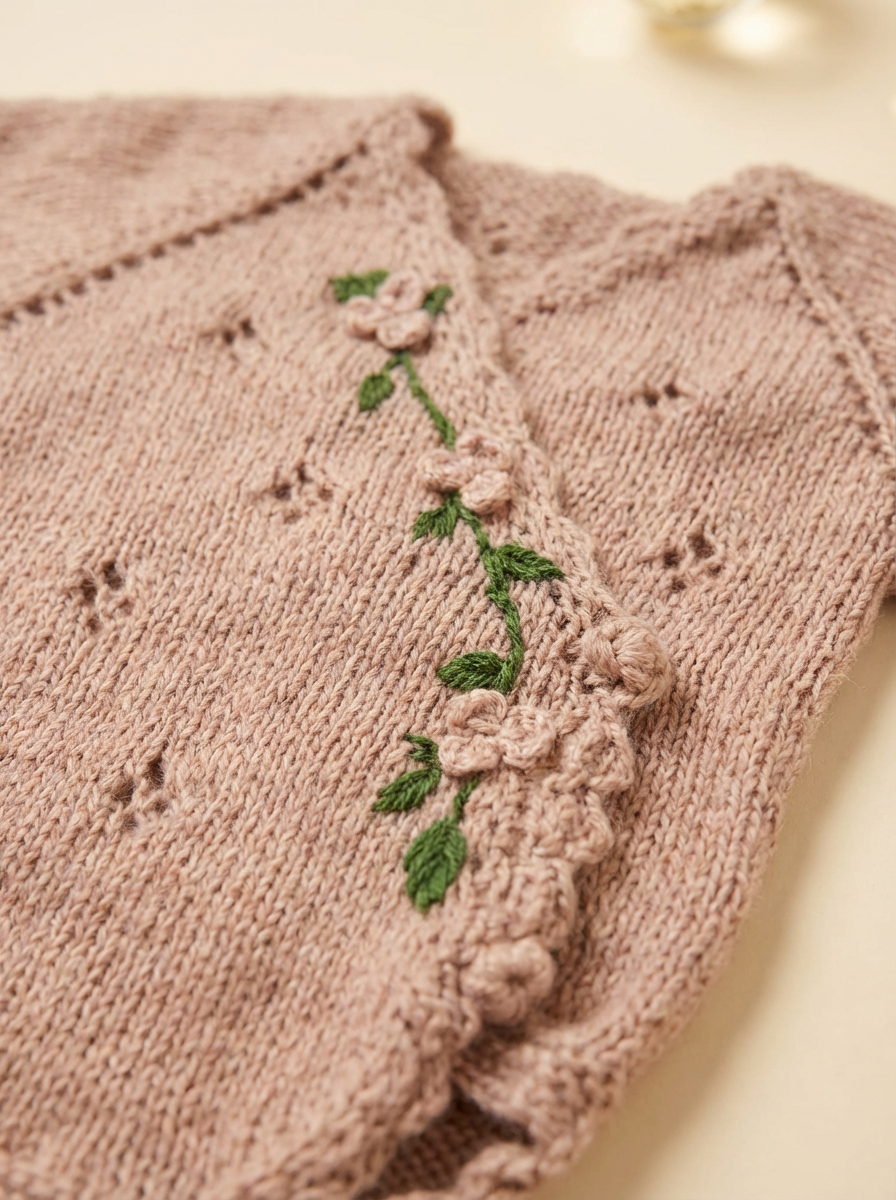 Close-up of luxurious knit newborn clothes with delicate floral embroidery, crafted from premium cotton – the perfect baby knitwear gift for your little one.