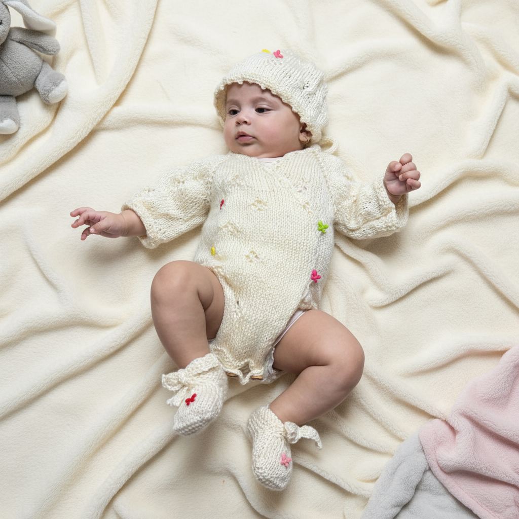 faia wearing Handmade knit newborn clothes set featuring a cozy romper, hat, and booties with colorful accents.