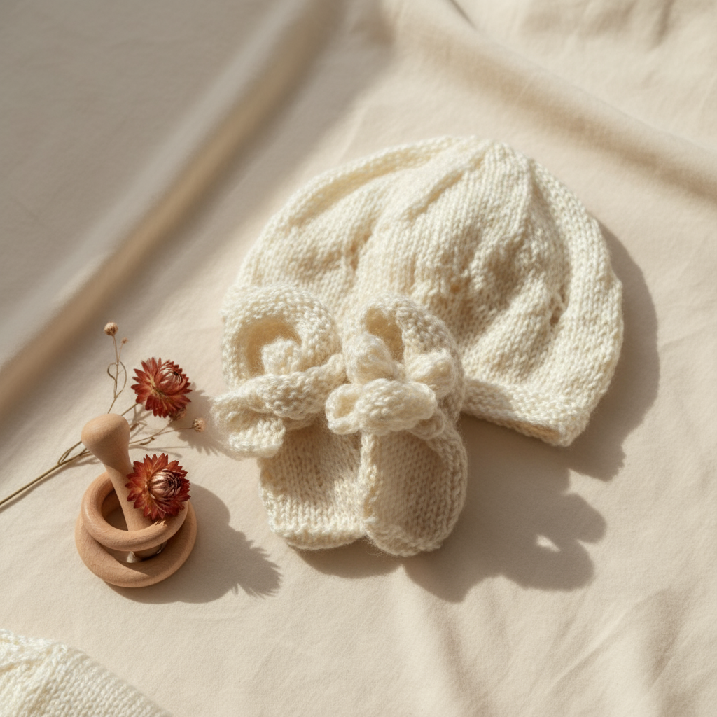 Handmade knit newborn hat and booties set, crafted from soft, premium cotton with delicate details – the perfect newborn gift.