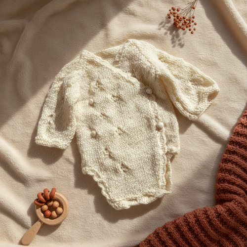 Handmade knit newborn romper featuring soft, premium cotton with delicate bobble details – the perfect newborn gift, crafted with care.