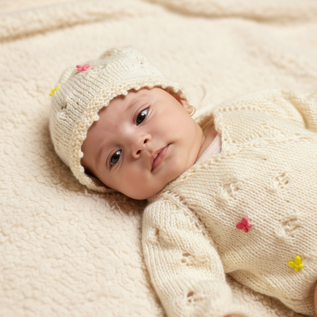 Close-up of faia wearing handmade knit clothes, featuring a cozy romper and hat with colorful butterfly accents – the perfect newborn gift