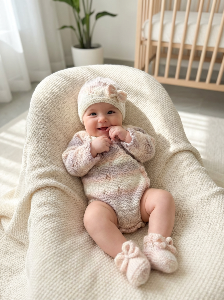  baby wearing handmade knit newborn clothes set made from premium Egyptian cotton – perfect for a baby shower gift. The set includes a beanie, romper, and booties.