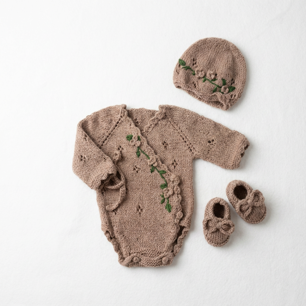Beautiful handmade knit newborn clothes set, featuring delicate floral embroidery – a perfect example of premium baby knitwear, including a romper, bonnet, and booties.