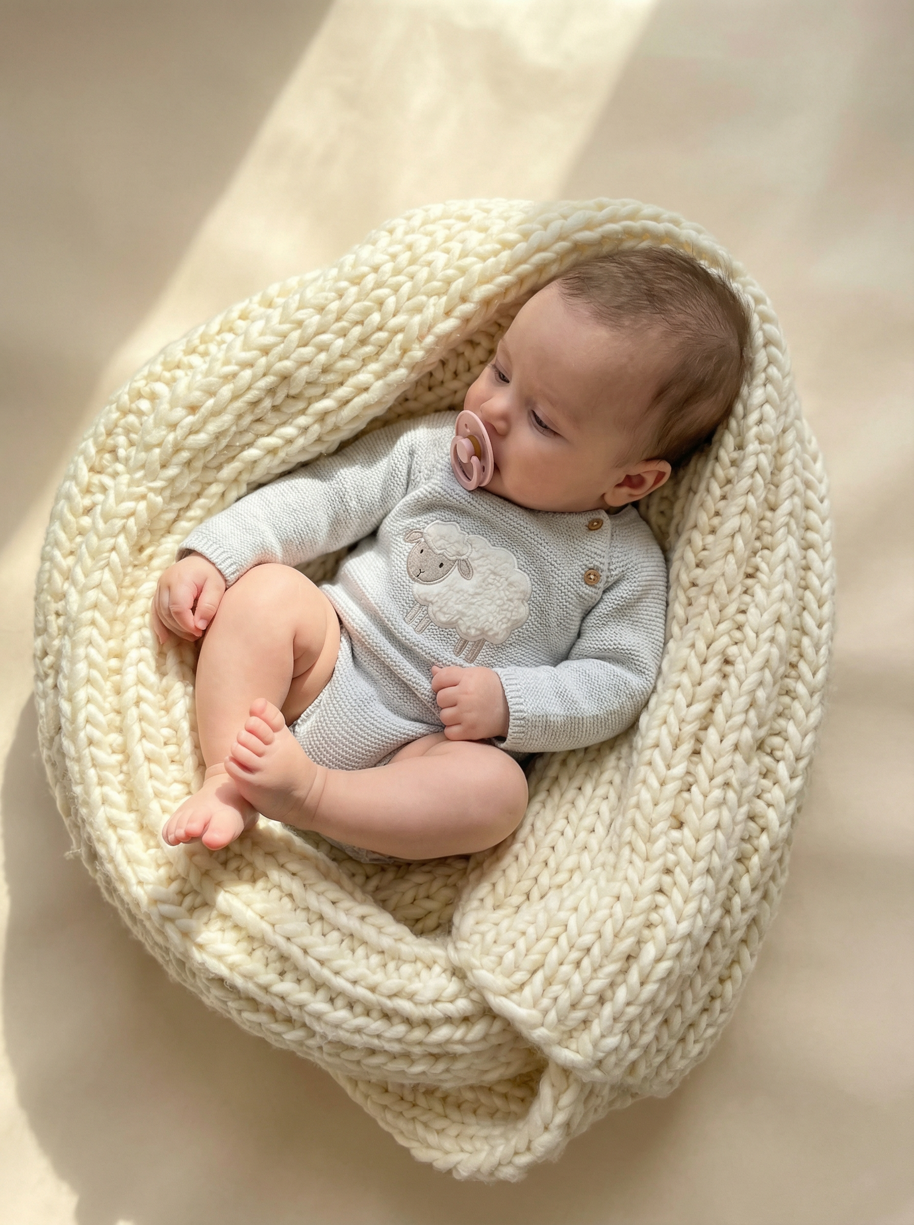 A newborn resting peacefully on a thick, handmade crochet baby blanket, dressed in soft knit newborn clothes in neutral tones. The chunky knit texture and gentle materials create a warm, calming environment designed for newborn comfort, safety, and everyday use. Ideal for nursery styling, newborn photography, and showcasing premium handcrafted baby essentials.