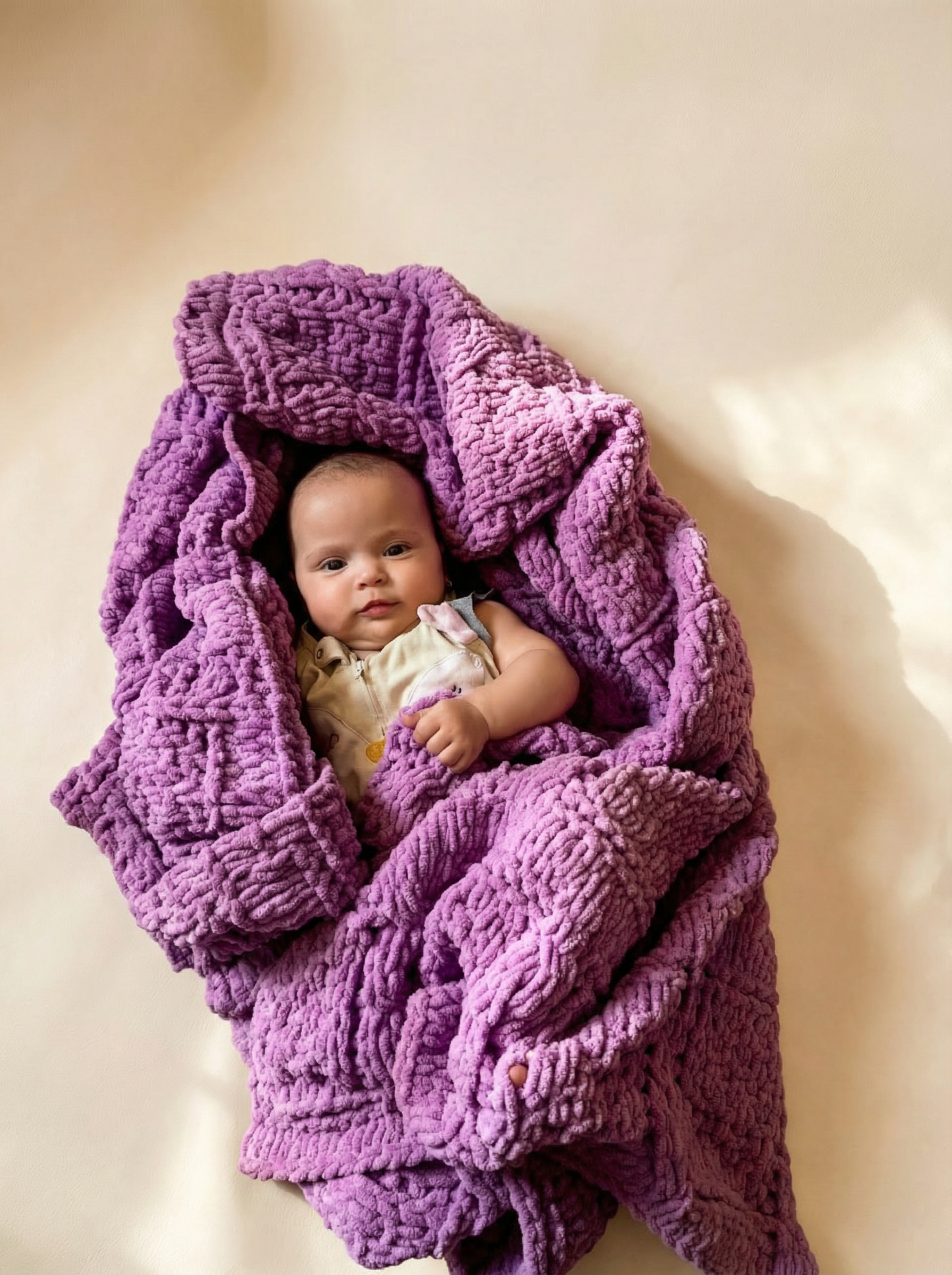 Baby wrapped in a soft, 100% handmade crochet baby blanket, providing warmth and comfort – the perfect personalized baby gift.