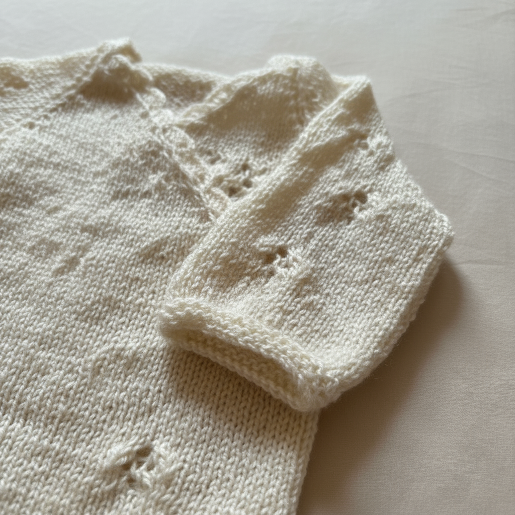 Close-up of a handmade knit newborn romper with delicate floral patterns, crafted from soft, premium cotton – the perfect newborn gift.