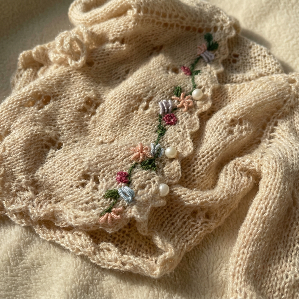 Cream Egyptian cotton newborn knit romper with premium egyptian cotton , featuring minimalist hand-embroidered flower design