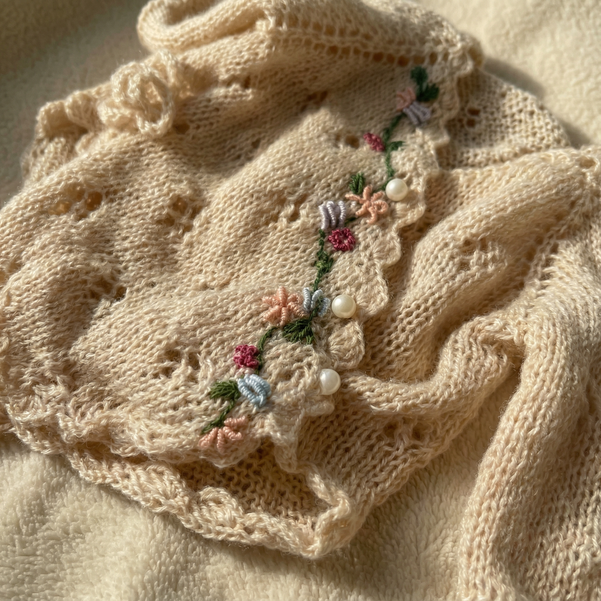 Cream Egyptian cotton newborn knit romper with premium egyptian cotton , featuring minimalist hand-embroidered flower design