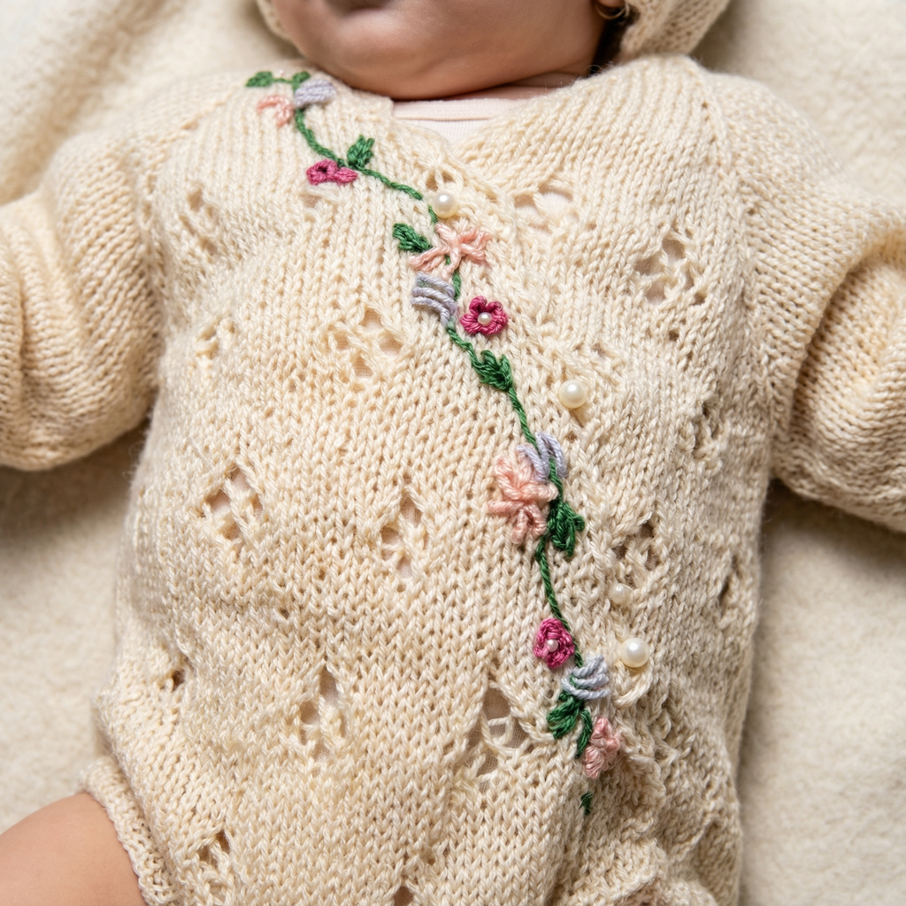 Cream Egyptian cotton newborn knit romper set, featuring minimalist hand-embroidered flower design