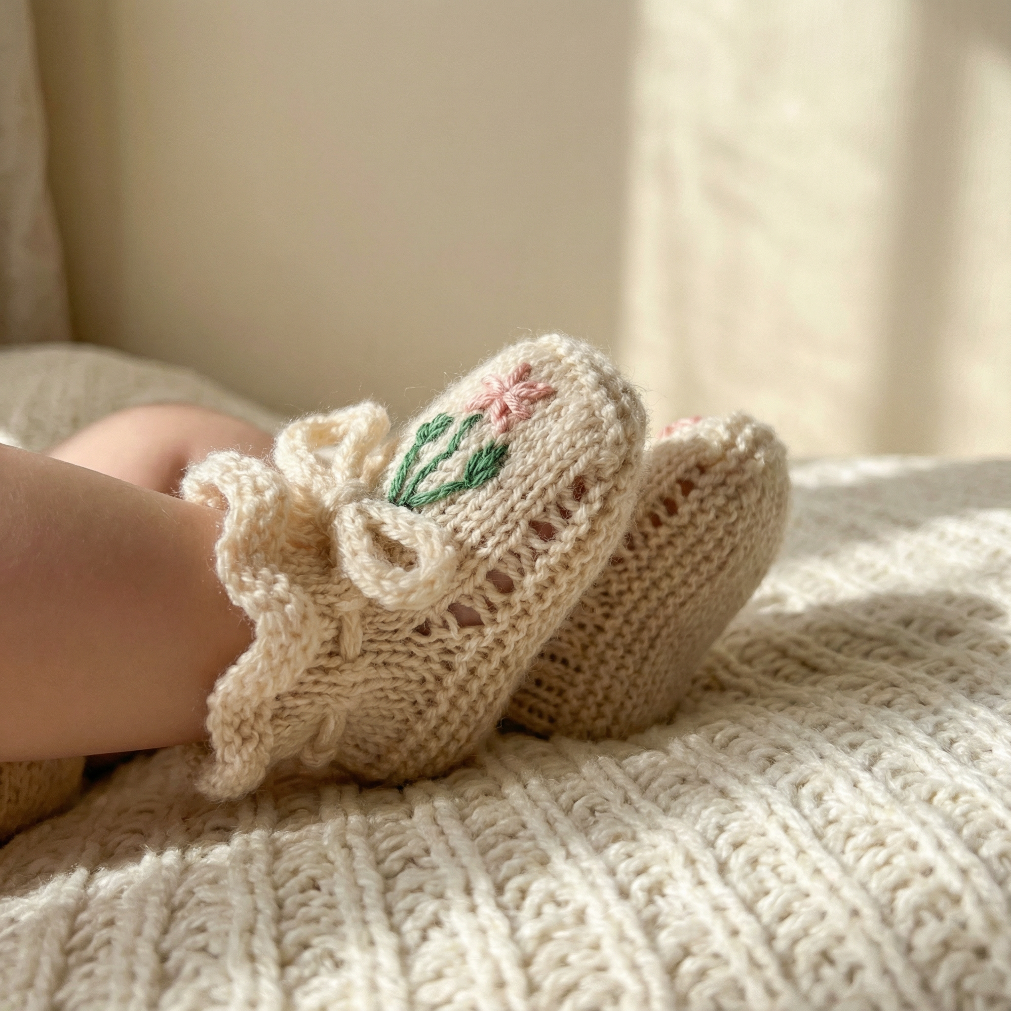 Cream Egyptian cotton newborn knit booties , featuring minimalist hand-embroidered flower design