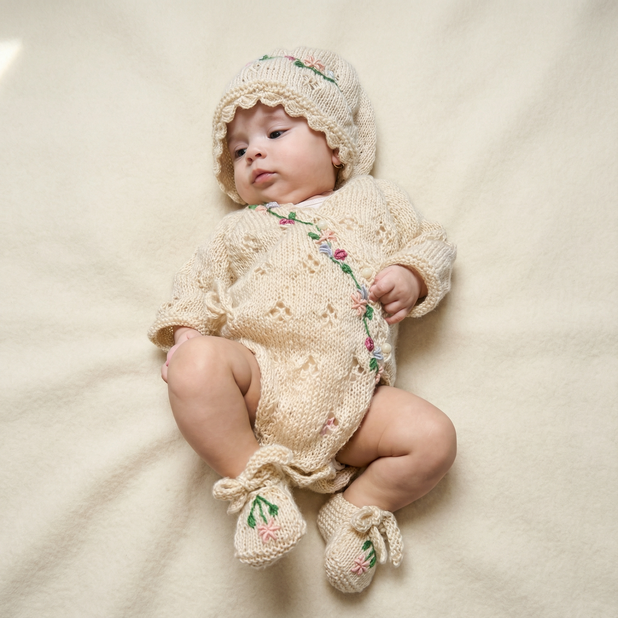  faia wearing Cream Egyptian cotton newborn knit romper set with matching hat and socks, featuring minimalist hand-embroidered flower design